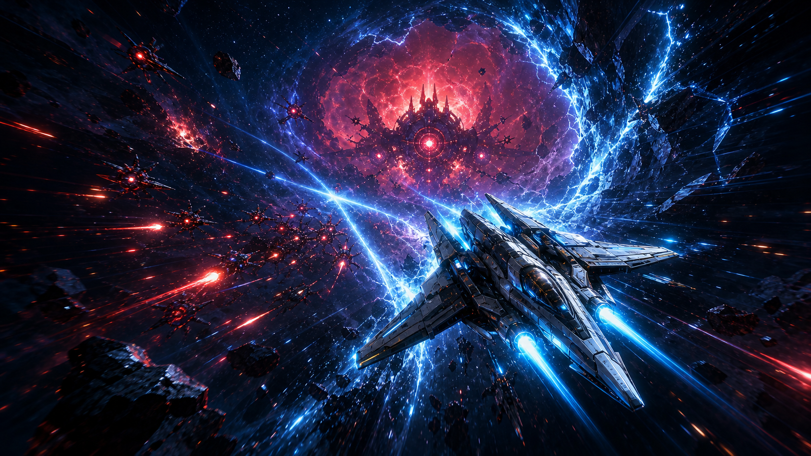 A Nova Swarm ship diving through a neon rift with the swarm behind it